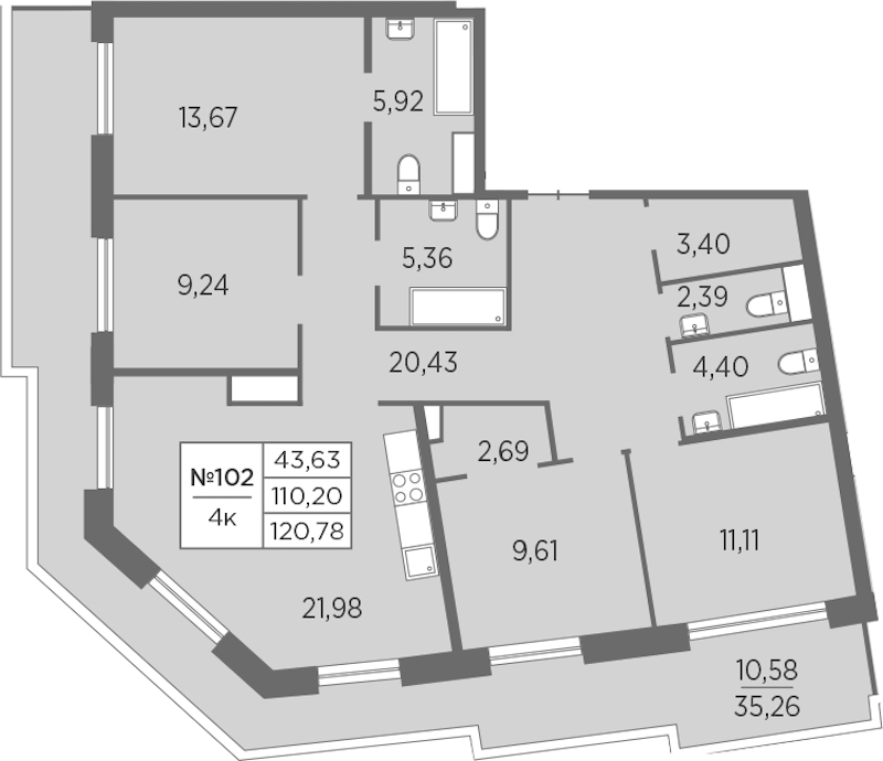 4-комнатная квартира 120.78 м², 7/7 эт., ЖК «Северная Корона»